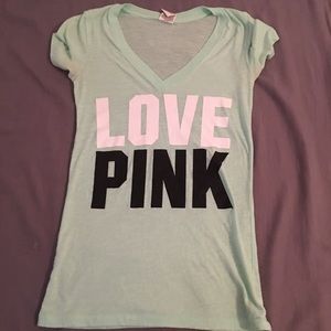 Pink love pink shirt light green in person